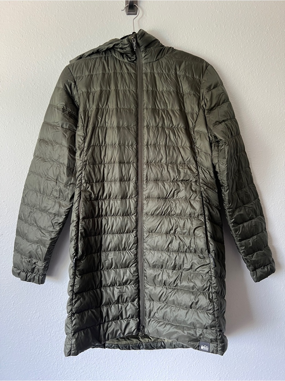 REI Women’s Olive Green Co-op Down Hooded Puffer Jacket